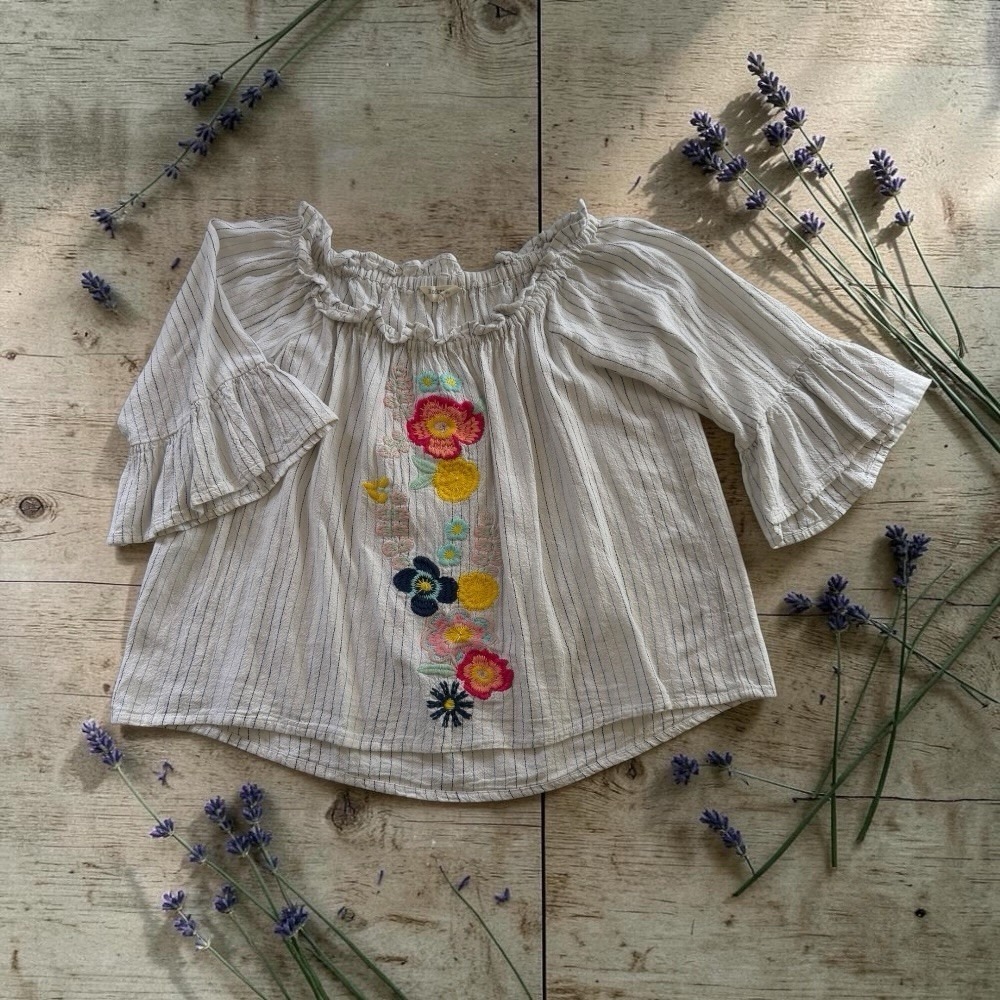 Rocks & Indigo Embroidered Pinstripe Off Shoulder Boho Peasant Blouse Top L